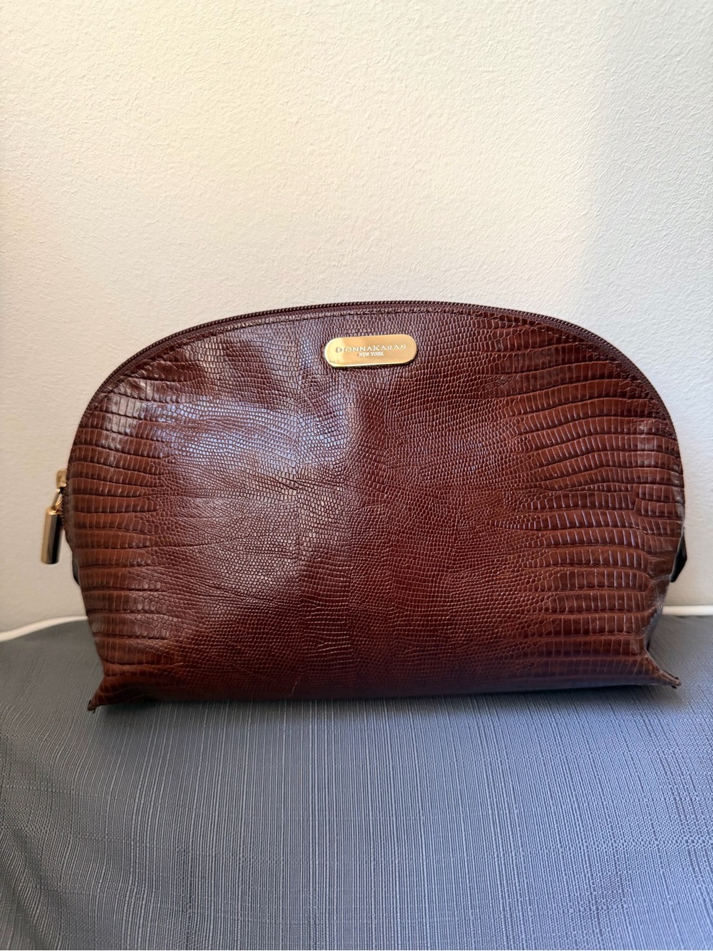 Vintage Donna Karan New York Lizard Embossed Brown Leather Dome Clutch Bag
